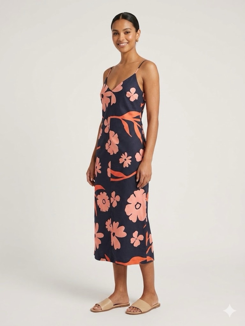 Cala De La Cruz Floral Slip Midi Dress in Navy and Coral